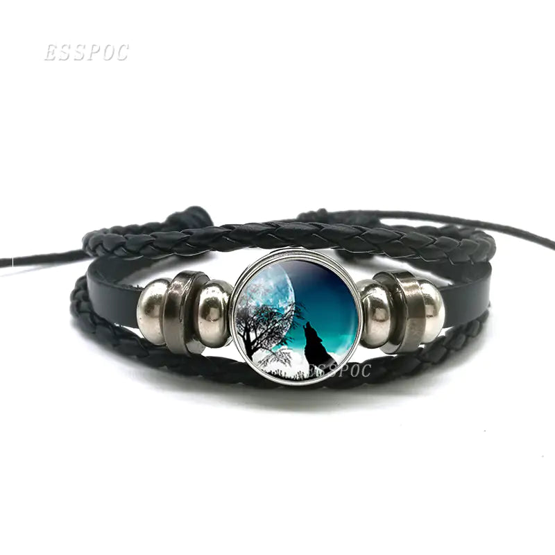 Mystic Wolf Moon Leather Bracelet